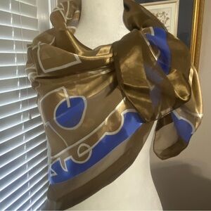 VTG 39" Square Sheer / Silky Satin Bronze Gold Scarf Blue Geometric Art Deco